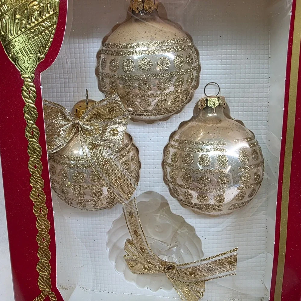 Vintage‎ Rauch Glass Ornaments Lot of 12 Gold Glitter Bows Round, Victoria GUC